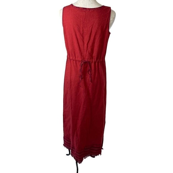 New Graff Vintage Maxi Dress Size Small Red Linen Blend Embroidered Fringe Hem - Picture 4 of 13